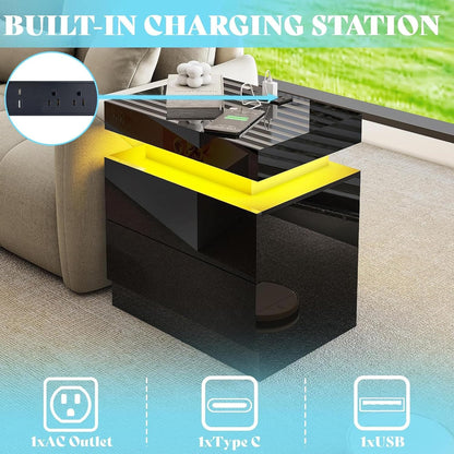 AMERLIFE High Gloss 3 Pieces Living Room Table Set, Modern LED Coffee Table Sets of 3, 2-Tier Center Table with 2 End Side Tables, LED Lights Bedside Table Nightstands with Charging Station, Black