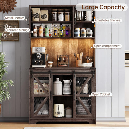 71" Farmhouse Pantry Storage Cabinet With LED Lights and Charging Station, Tall Kitchen Cupboard With Adjustable Shelves and Doors, Rustic Oak