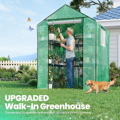 KING BIRD Premium Greenhouse for Outdoors, 56 x 56 x 77 Upgraded PE Cover & Steel Frame Walk in Hot House, w/ Zippered Screen Windows Mesh Door, 3 Tiers 14 Shelves for Outside Garden, Green
