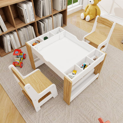 Kids Table and 2 Chairs Set, Beige, Table Supports 280 lbs | Drawing activity desk, classroom, daycare, home, children multi-activity table for ages 3-8, sensory desk set