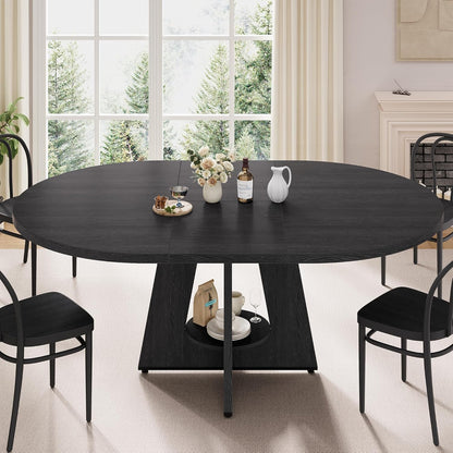 43''–59'' Extendable Dining Table, Round Kitchen Dining Room Dinner Table with for 4 6 8 People, Space Saving Modern Oval Expandale Furniture with Storage and Pedestal for Kitchen Living Room (Black)