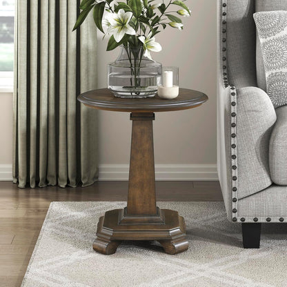 Lexicon 22 Dia. Round End Table, Wood Side Table with Sturdy Pedestal Leg, Cherry Veneer Accent Nightstand with for Small Spaces, Living Room, Bedroom, Entryway, Easy Assembly, Brown