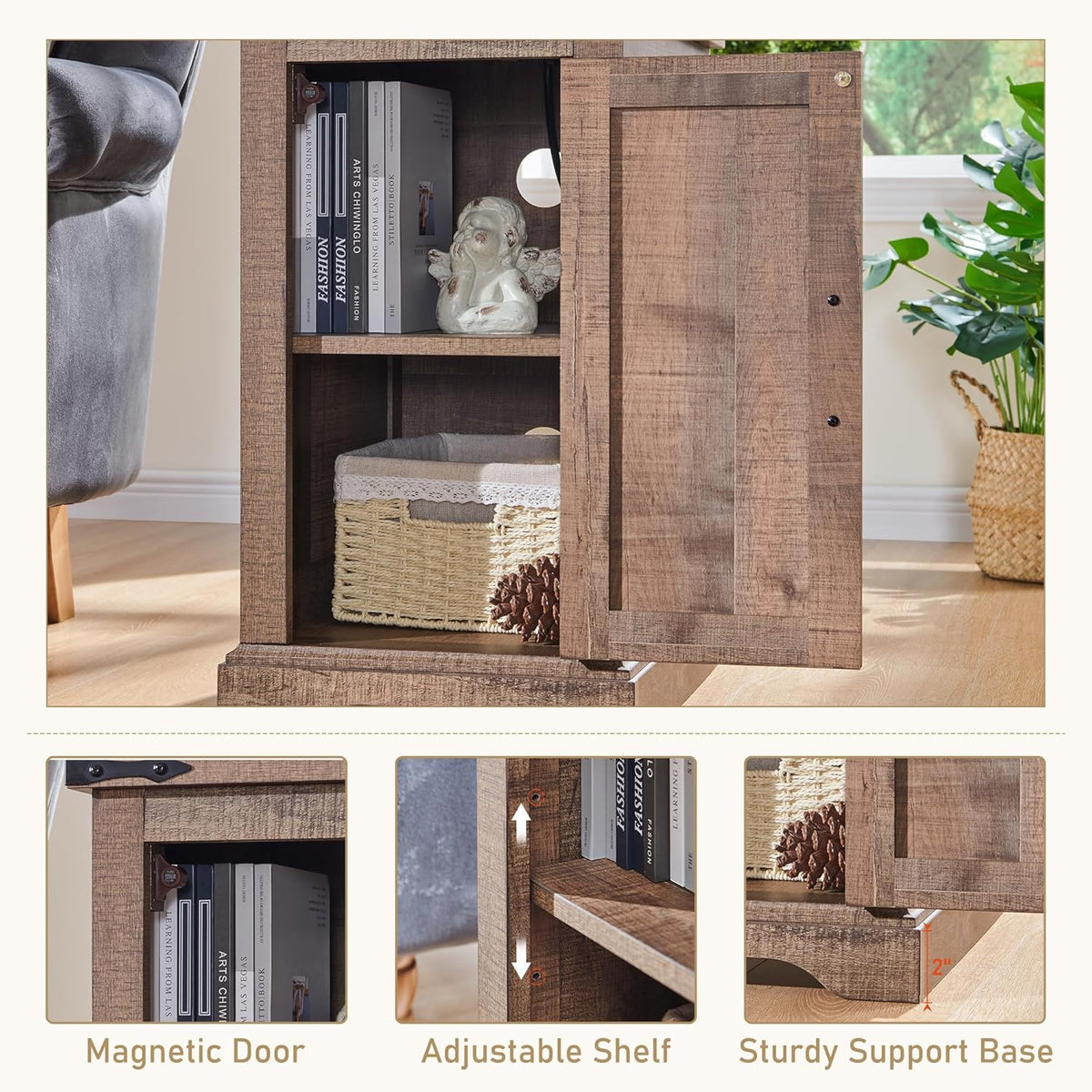 JXQTLINGMU Farmhouse Nightstand Set of 2 with Charging Station, 17"D Rectangular End Table with Barn Door & Adjustable Storage Shelf, Wood Rustic Sofa Side Table for Living Room, Bedroom, Light Brown
