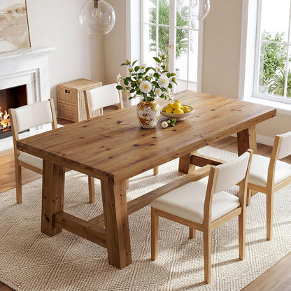 63-Inch Solid Wood Dining Table, Farmhouse Kitchen Table for 4-6 People, Rectangular Wooden Dinner Table with Thick Top & Trestle Base, Natural Wood