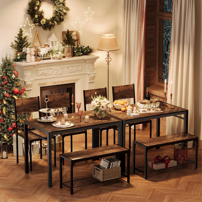 Shahoo Kitchen Table and 2 Chairs for 4 with Bench | 4 Piece Dining Sets for Small Space, Coffee Brown