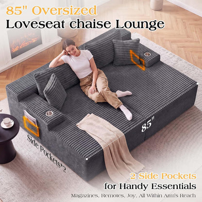 85'' Loveseat Chaise Lounge Chair, Oversized Double Couch | Deep Seat Sofa Bed Sleeper Couch, Reading Chairs Cloud Sofas for Living Room, Bedroom, No Assembly, Corduroy Dark Gray