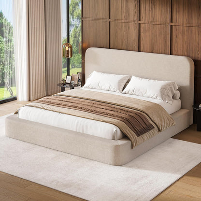 LARMACE King Upholstered Platform Bed Frame with Padded Headboard