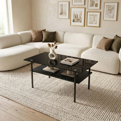 3 Piece Glass Coffee Table Set with 2-Tier Storage, Tempered Glass Living Room Table with Black Metal Legs and MDF Shelf, Modern End Tables for Small Space Apartment (1, Black)