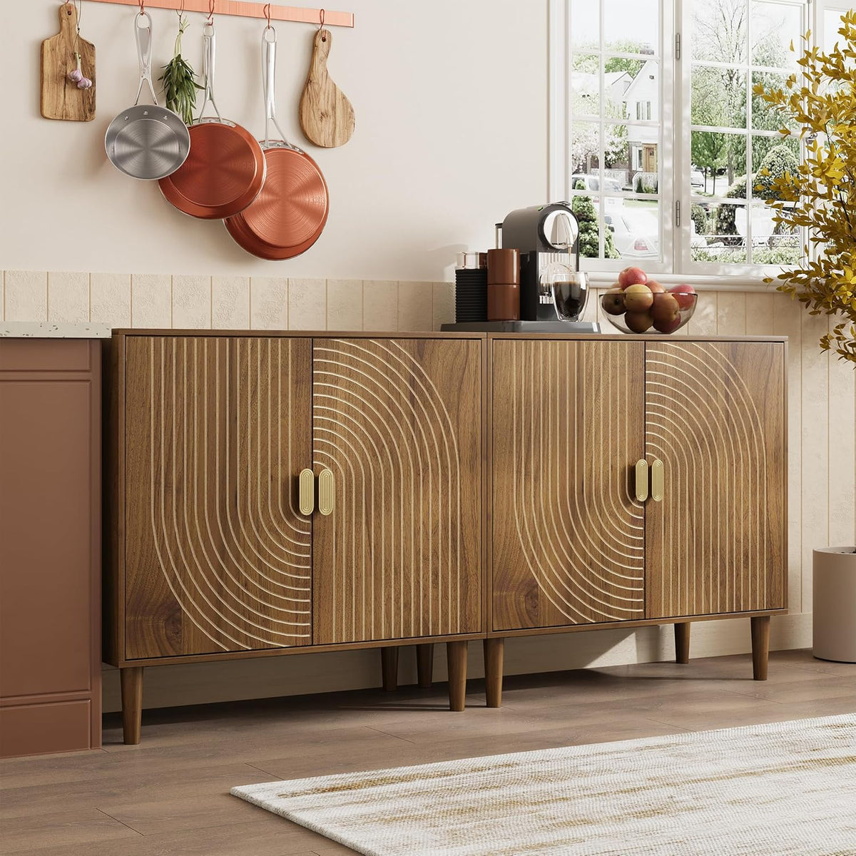 Smuxee Walnut Sideboard Cabinet, Freestanding Buffet Cabinet with Line Groove Design, Wood Storage Cabinet with Adjustable Shelf for Living Room, Entryway, Hallway