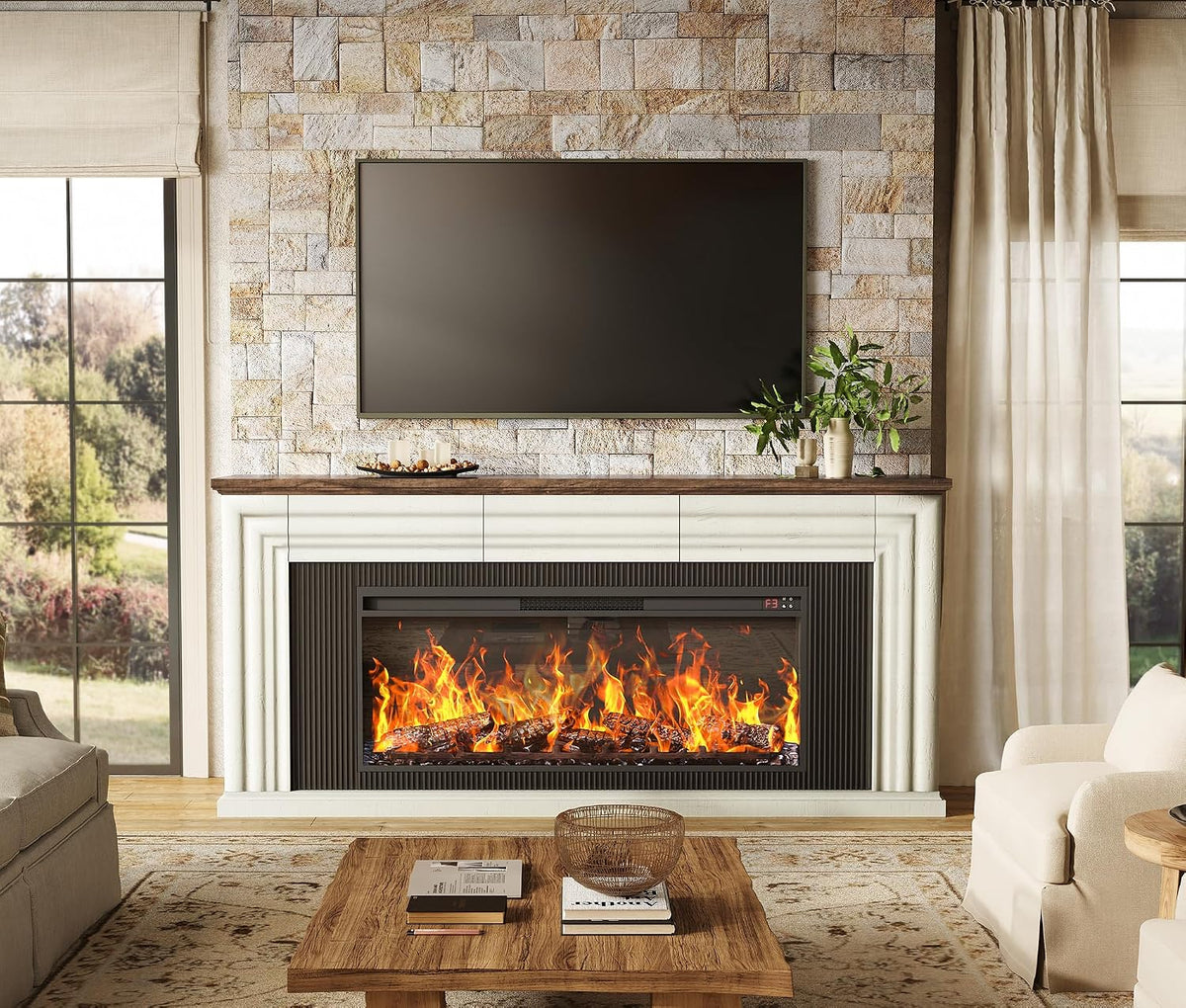PRAISUN 70'' Fireplace TV Stand with 42'' Electric Fireplace, Farmhouse TV Stand for 65 75 Inch TV, Entertainment Center TV Console with 3 Drawers, Fluted Design, for Living Room, Distressed White