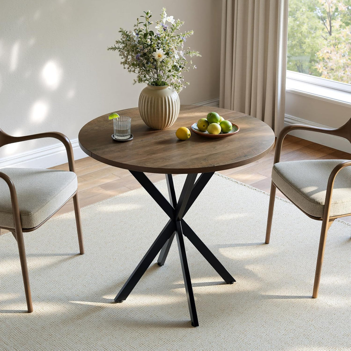 Unovivy 31.5" Small Round Dining Table for 2-4, Space Saving Circle Kitchen Dinner Table, Industrial Mid Century Modern Dining Room Desk for Kitchen, Apartment, Natural Oak