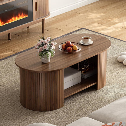 42" Oval Fluted Coffee Table, 2-Tier Center Table with Large Storage, Mid-Century Modern Wood Coffee Table for Living Room, Home Office, Small Space, Walnut