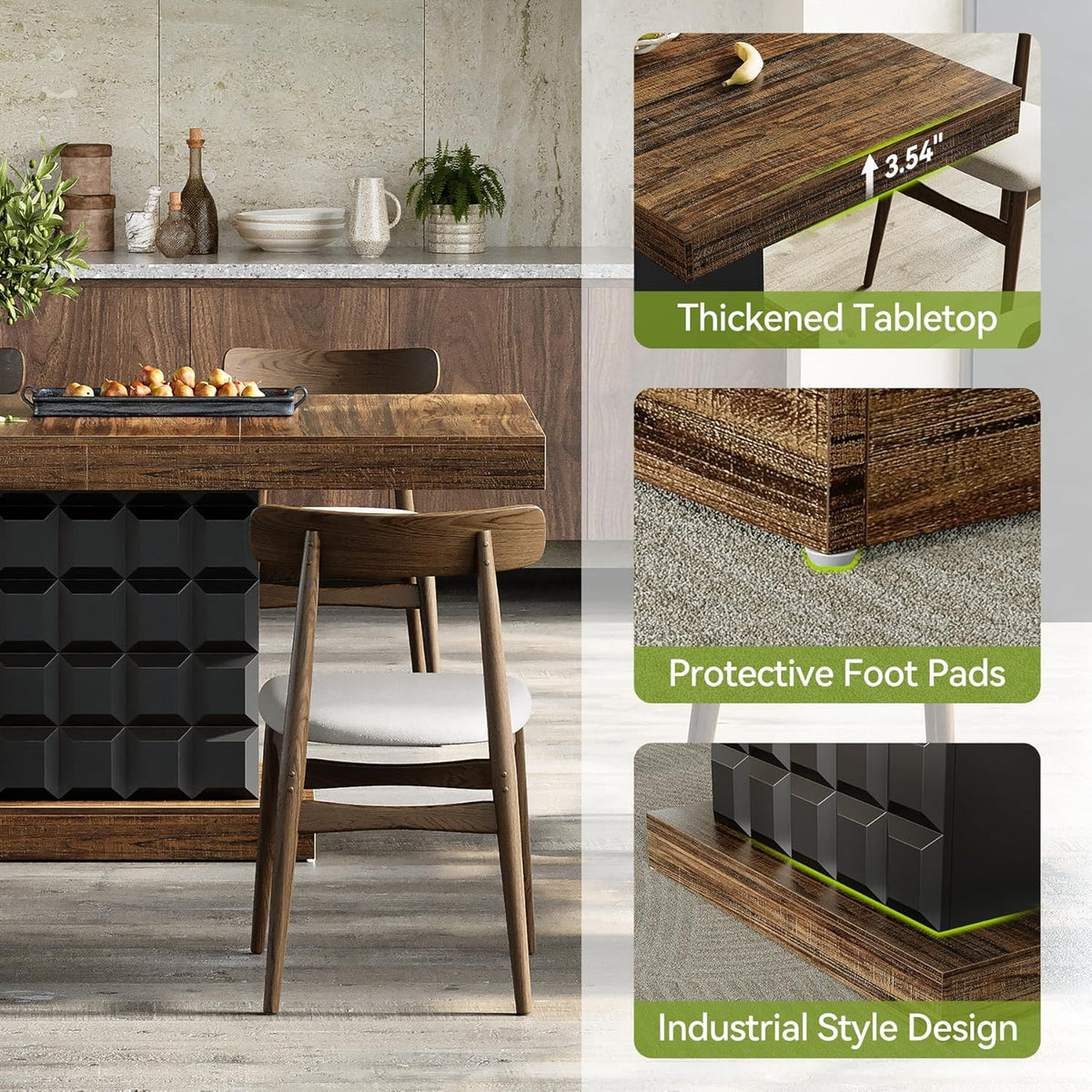 LITTLE TREE 63" Modern Dining Table, Rectangular Dinner Table for 4-6, Farmhouse Kitchen Table, Sturdy Wood Pedestal Base for Kitchen/Dining Room, Rustic Brown & Black