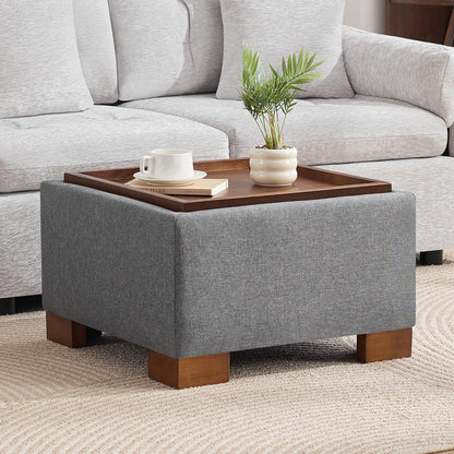 WUTUTUEE 24" Square Ottoman Coffee Table with Storage, Fabric Ottomans with Tray and Solid Wood Legs for Living Room, Bedroom and Apartments, Small Modern Ottoman Tea Table with Lift-Off Lid, Grey