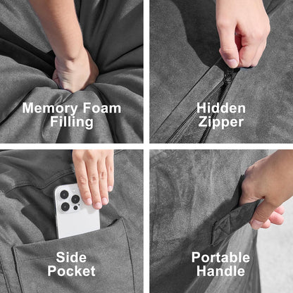 fond + found Adults Bean Bag Chair 5FT Big BeanBag Chair Giant Oversized | Memory Foam,Washable Cover,Velvet Fabric,Side Pocket,Handle,Big Adults Bean Bag Reading Gaming Bedroom Living Room | Grey 5FT
