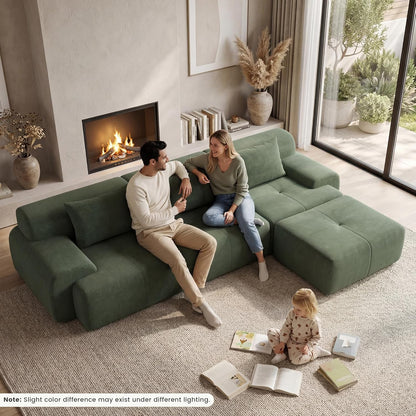 GRUSIGN 108'' Modular Sofa,Sectional Couch for Living Room | Tufted Oversized L Shape Deep Seat Sectional Sofa with Ottoman & 3 Throw Pillows,Corduroy Cloud Couch,Green