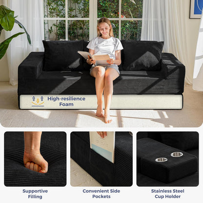 MAXYOYO Sofa Bed, 80-Inch Oversized Loveseat, 2 Cup Holders | Corded Black 4-in-1 Couch Converts Into a Floor Sofa or Chair; Sofa-in-a-Box Design Requires No Assembly.