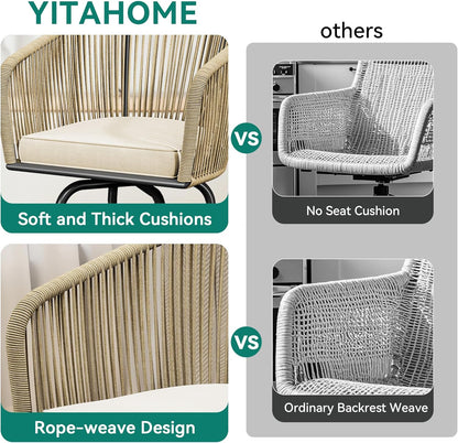 YITAHOME 27" Bar Stools Set of 4 with Arms & Cushions, 360° Swivel Outdoor Bar Stools, All Weather Counter Height Bar Stools Set of 4 with Curved Back for Backyard, Kitchen Island, Dining Room, Beige