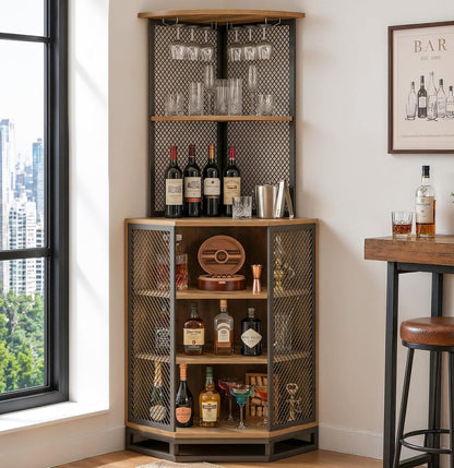 IBF 71 Inch Rustic Oak Farmhouse Tall Corner Bar Cabinet with Glass Holder | Sturdy 5-Tier Industrial Farmhouse Liquor Storage with Adjustble Shelf，Anti-Tipping Design for Home Kitchen Small Space