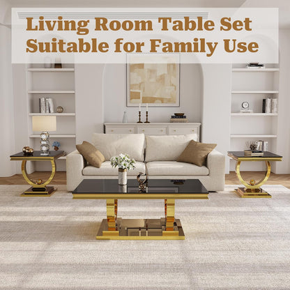 Coffee Table Set of 3, Coffee Table and 2 End Table, Gold/Black | Modern Living Room Table Set of 3, Tempered Glass Top, Stainless Steel Base with Mirror Finish, Easy to Clean & Assembly