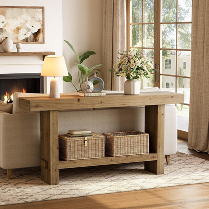 63-Inch Solid Wood Console Table, Narrow Farmhouse Entryway Table with 2-Tier Storage Shelf, for Hallway, Entrance, Living Room, Behind The Couch, Easy to Assemble, Brown