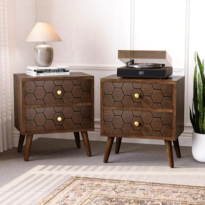 HOMPUS Wood Nightstand Set of 2, Modern Nightstand with Drawers Set 2 w Honeycomb Pattern, Small 2 Drawer Dresser, Bedside End Table with Solid Wood Legs for Bedroom, Dorm, Brown