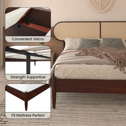 Queen Size Solid Wood Bed Frame, Rattan Boho Headboard, Dark Walnut