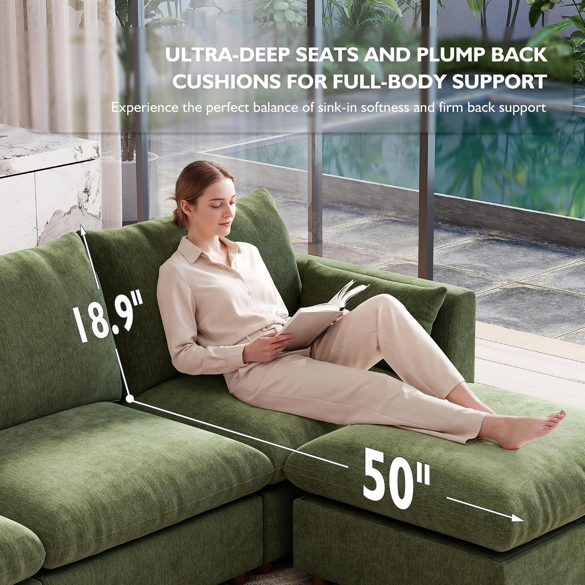Ihanherry 117" Oversized Modular Sectional Sofa, Modern U Shaped Cloud Couch with 2 Storage Ottoman, 5-Seat Comfy Chenille Deep Seat Sofa with 2 Pillows for Living Room, Green