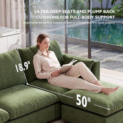Ihanherry 117" Oversized Modular Sectional Sofa, Modern U Shaped Cloud Couch with 2 Storage Ottoman, 5-Seat Comfy Chenille Deep Seat Sofa with 2 Pillows for Living Room, Green