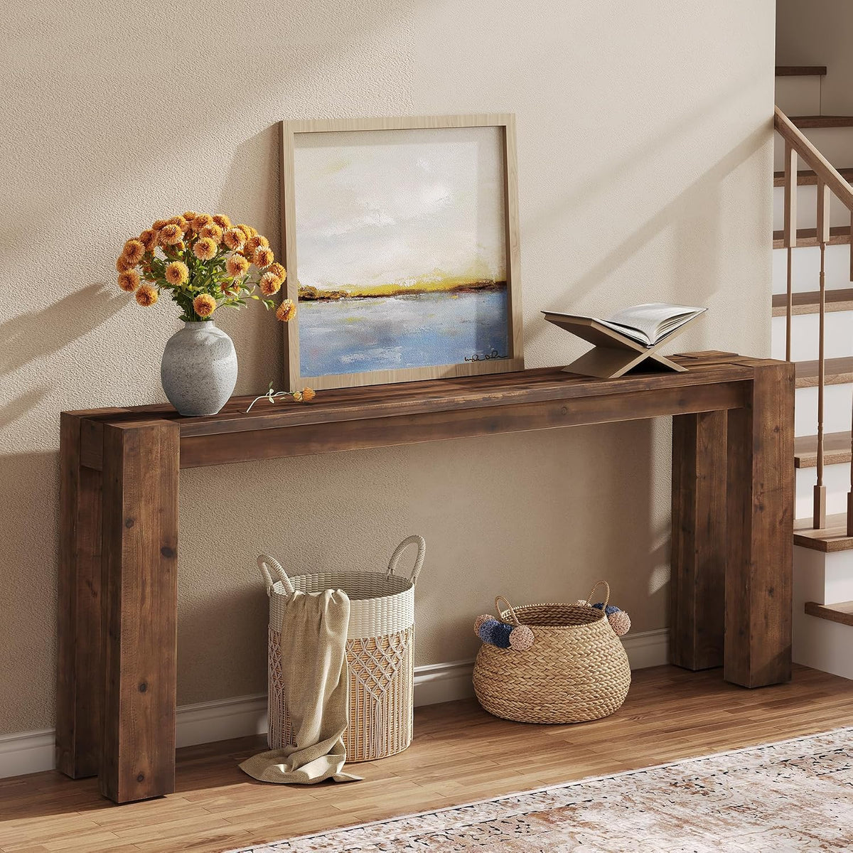 Solid Wood Console Table for Entryway, 70.9-Inch Extra Long Farmhouse Sofa Table Behind Couch, for Living Room, Foyer, Hallway, Entrance, Rustic Brown