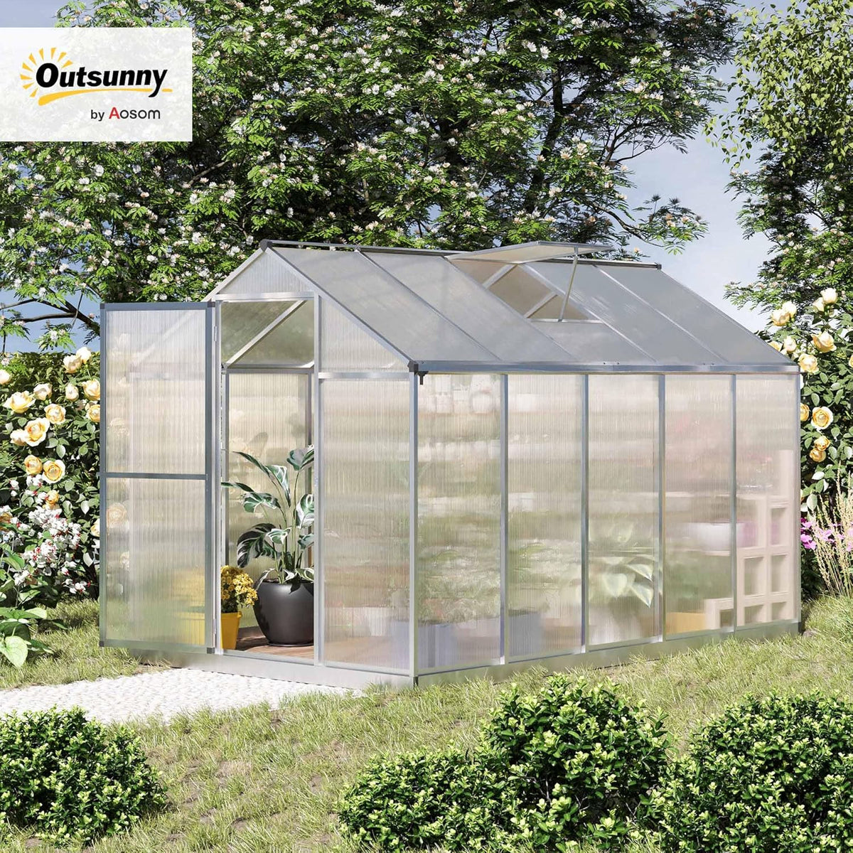 Outsunny 10' x 6' Greenhouse for Outdoors, Polycarbonate Greenhouse with Rain Gutter and Roof Vent, Aluminum Walk-in Green Houses for Outside Patio Backyard Garden