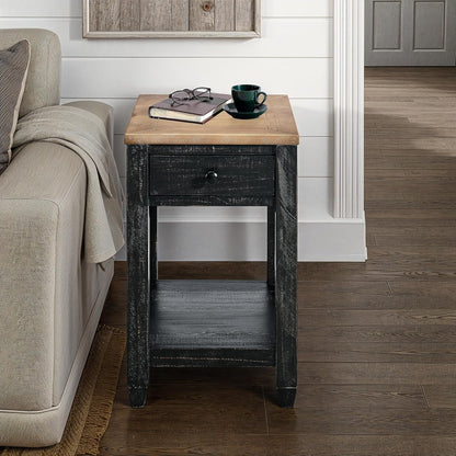 Martin Svensson Home Napa Farmhouse Chairside End Table with Charging Station, Solid Wood Narrow Side Table with Drawer & Shelf, Rustic Accent Table for Living Room or Bedroom. Black and Driftwood.
