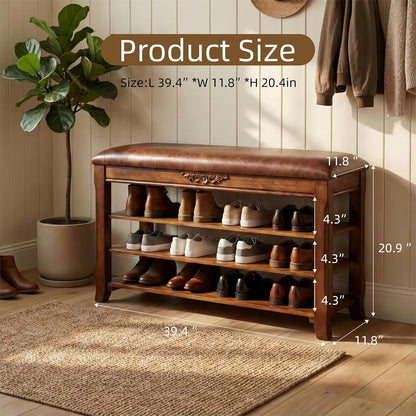 Shoe Rack Bench Entryway Storage with Leather Cushion, 39.4"