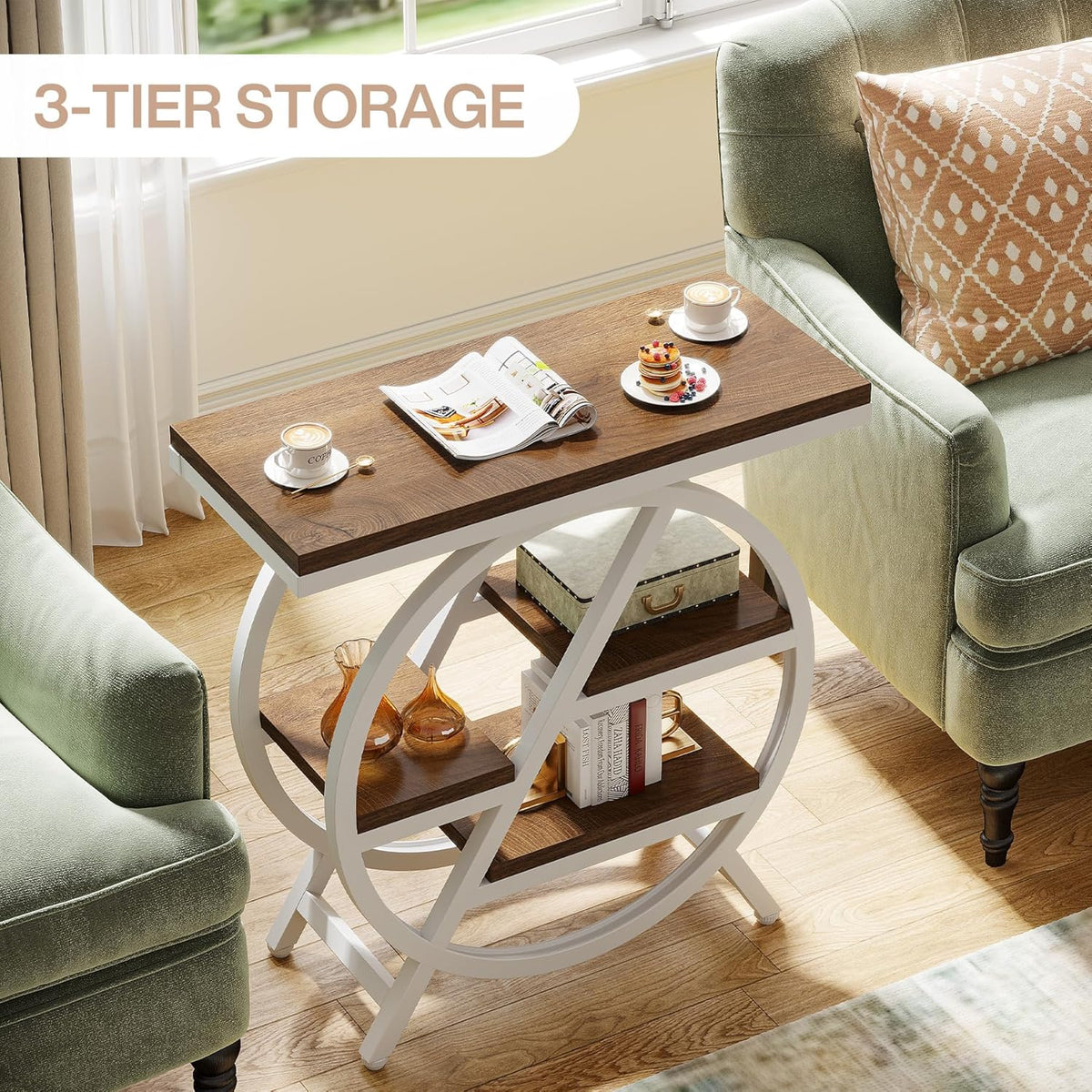 Tribesigns End Table Set of 2, 3-Tier Modern Narrow Side Table with Storage, Wood Sofa Side Table with Geometric Metal Frame, Nightstand and Bedside Table for Bedroom (Light Brown+White)