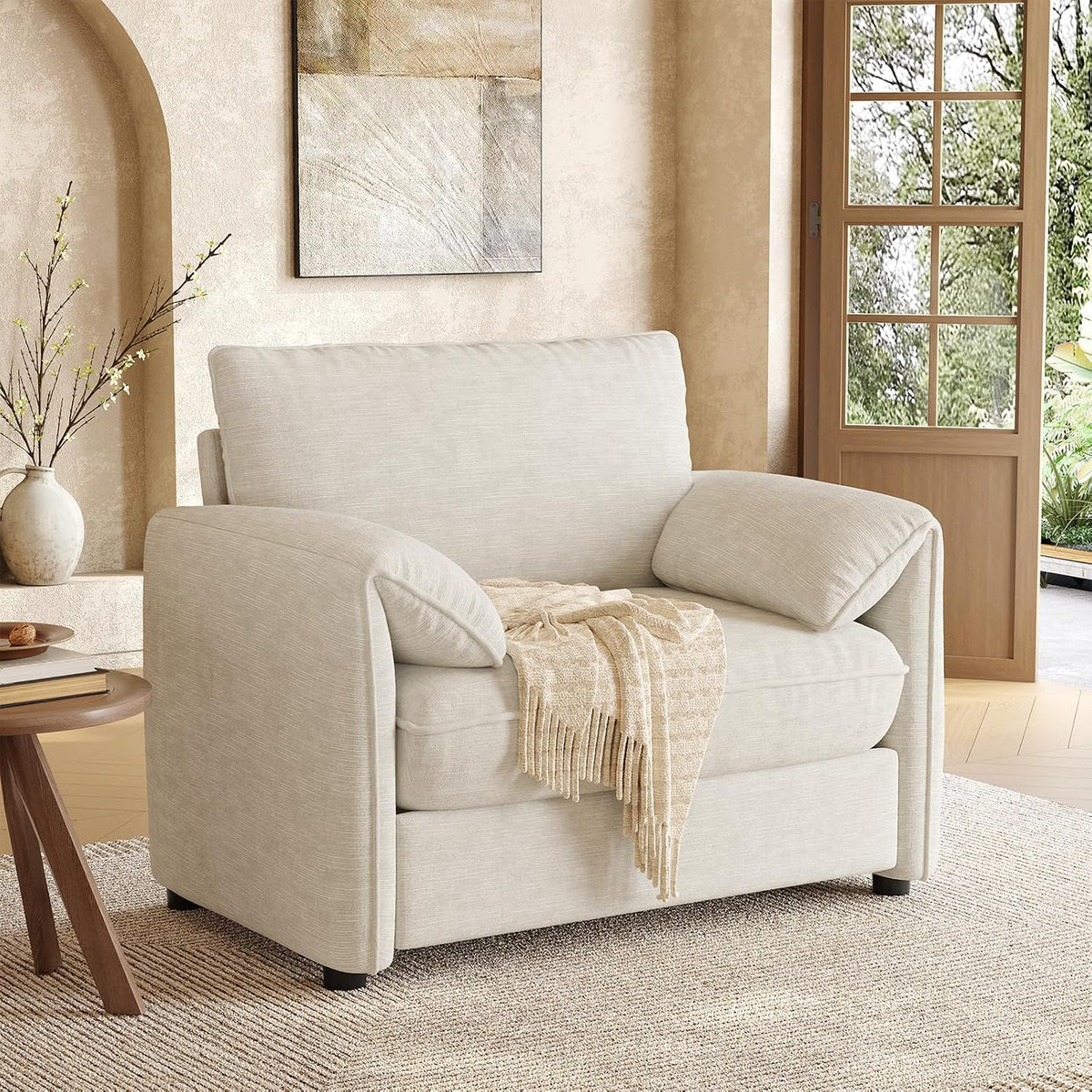 ONBRILL Oversized Accent Chair, 41 Inch Chenille Fabric Armchair, Beige | Comfy Single Sofa Chair with Padded Arms, Pocket Spring Cushion, Modern Reading Chair for Living Room, Bedroom, Apartment