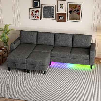 109" Sectional Couch with RGB Lights, U Shaped Couches for Living Room | Wireless Charging, USB & Type-C Port, Storage Ottoman, Reversible Chaise Lounge, Linen Fabric, Dark Grey, for Apartment