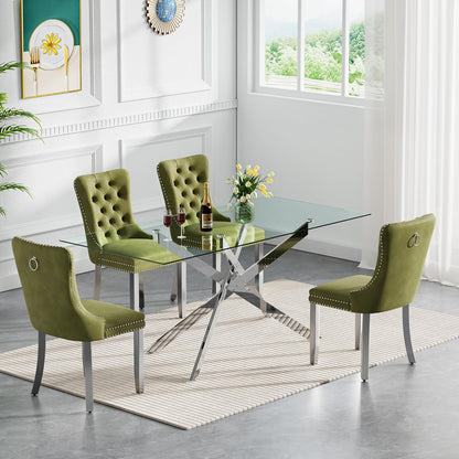 Rectangle Glass Dining Table Set for 4, 60'' Kitchen Table and Chairs Set, 5PCS Modern Dining Room Table Set with 4 Velvet Dining Chair for Home