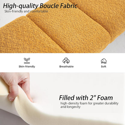 Boucle End of Bed Bench Upholstered Modern Bedroom Bench Channel Tufted Window Bench Comfy Long Ottoman for Living Room/Hallway/Indoor (Mustard, 60" Curved Arm)