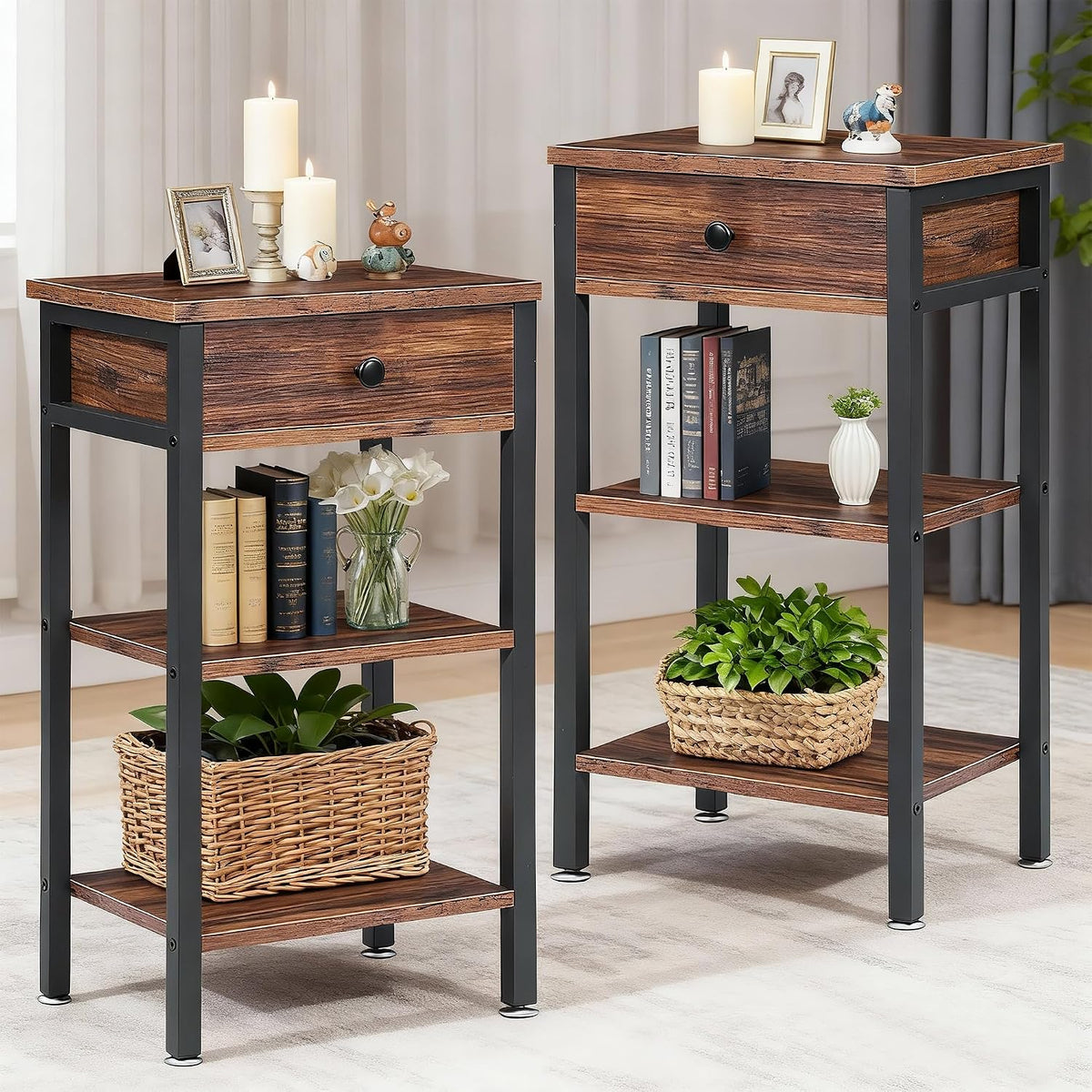 VECELO Tall End Table Set of 2,Nightstand with Drawer and Adjustable Storage Shelf,27.6 inch Side Table for Living Room/Bedroom/Entryway Small Spaces