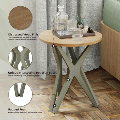 Pedestal Farmhouse End Table, Distressed Top with Tripod Base Bedside Table for Living Room, Modern, Boho, Round, Sage Green