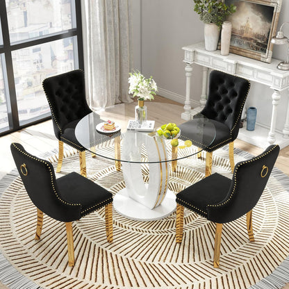 RGZ 39'' Modern Luxury Clear Glass Round Dining Table for 4-6, Glass Circle Top Kitchen Table with Elegant Gold Decorative Strips & White Base, Small Apartment Dinner Table for Home, Living Room