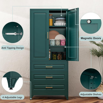 75" Metal Pantry Storage Cabinet with 3 Drawers, Green | Premium Cold-Rolled Steel Frame, Luxury Gold Handles, Adjustable Inner Shelves, Magnetic Doors, Anti-Tipping Kit