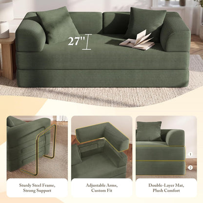 Cloud Couch Futon Sofa Bed, 5-in-1 Convertible Sofa Bed Pull Out Couch Sleeper Sofa Compressed Loveseat, 70" High-Density Sponge & Corduroy Fabric Futon Daybed for Living Room Bedroom(Green)