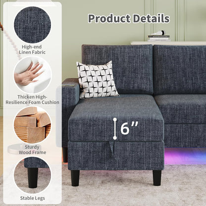 Sectional Couches for Living Room, 6-Seats Soft Linen Fabric Sectional Sofa with Storage Ottoman, Modern Convertible U/L Shaped Couch with Smart Charging Module/LED Light/Music Sync (Blue)
