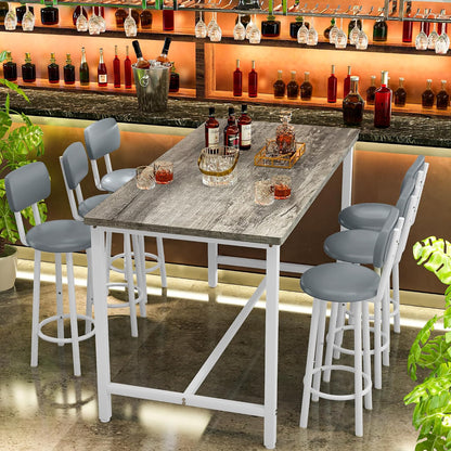 Recaceik 50" Dining Table Set for 6, 7-Piece Counter Height Bar Table Set with Upholstered Stools, Space-Saving Modern Pub Set for Kitchen, Breakfast Nook & Home Bar, Grey