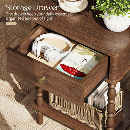 Yoobure Small Side Table with Drawer - Walnut Night Stand with Wood Legs