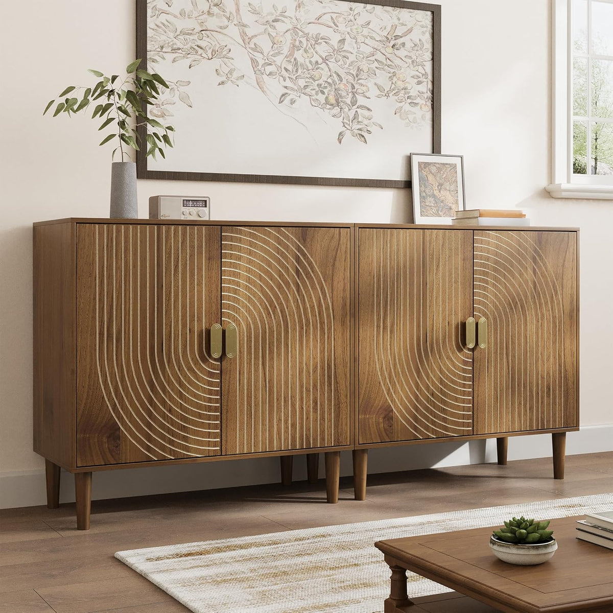 Smuxee Walnut Sideboard Cabinet, Freestanding Buffet Cabinet with Line Groove Design, Wood Storage Cabinet with Adjustable Shelf for Living Room, Entryway, Hallway