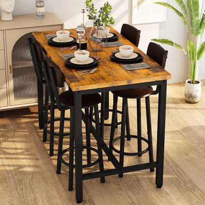 Lamerge Bar Table Set for 4 Kitchen Table and Chairs Set, Industrial Dinner Table with 4 PU Upholstered Stools Kitchen Pub Table for Kitchen, Space Saving, Restaurant (Rustic Brown and Black)