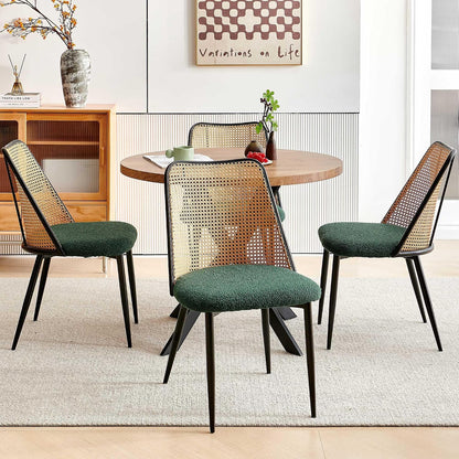 NORDICANA Dining Table Set for 4, Wooden Round Table and Wicker Chairs, 5-Piece Modern Kitchen Dinette Set for Breakfast Nook, Green Boucle Seat