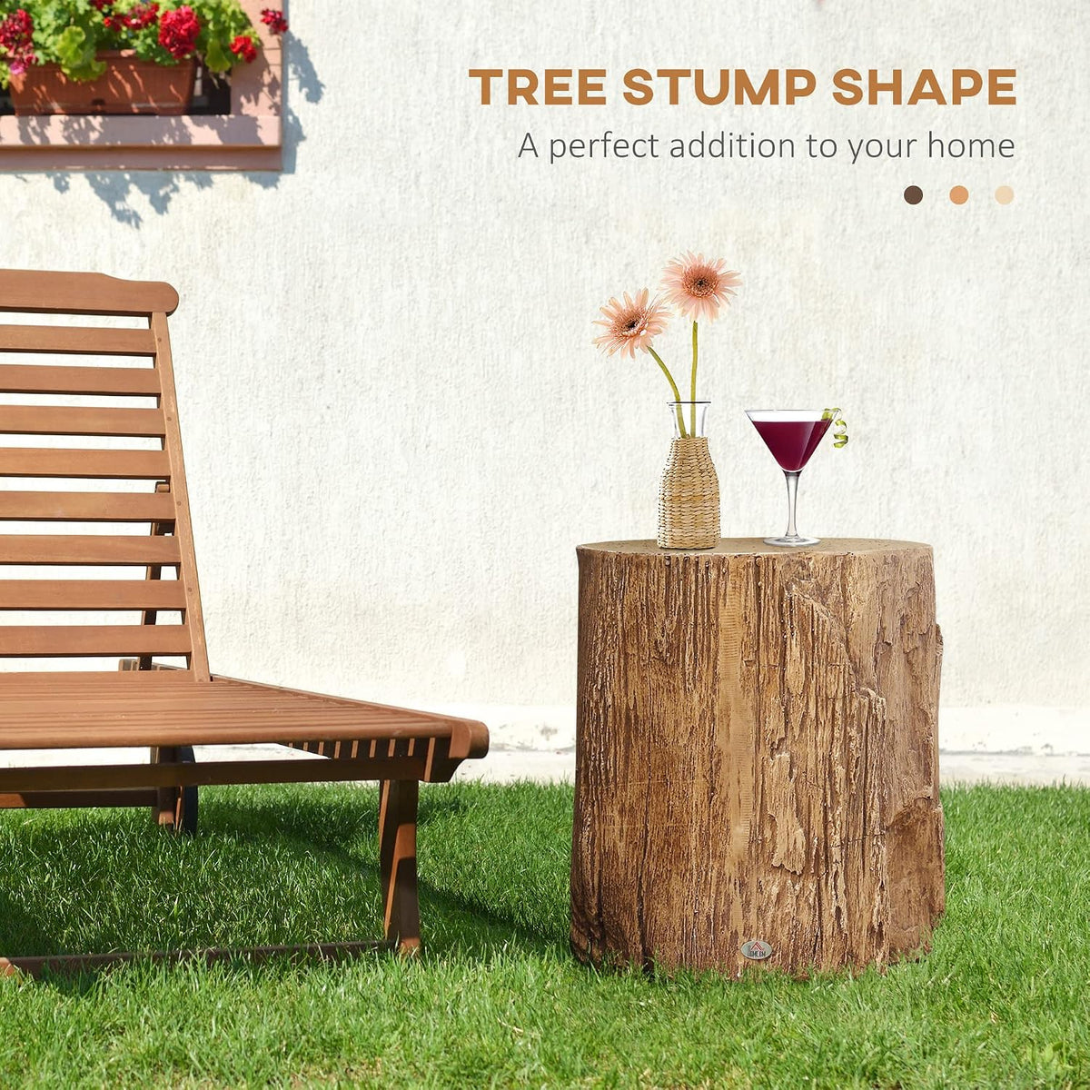 Tree Stump Stool, Decorative Side Table with Round Tabletop, Concrete End Table with Wood Grain Finish, for Indoors and Outdoors, Natural